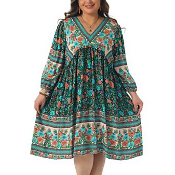 Plus Size Summer Dress for Women Casual Boho Floral V Neck 3/4 Sleeve Mini Short Beach Dress