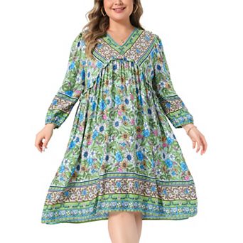 Plus Size Summer Dress for Women Casual Boho Floral V Neck 3/4 Sleeve Mini Short Beach Dress