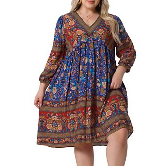 Plus Size Summer Dress for Women Casual Boho Floral V Neck 3/4 Sleeve Mini Short Beach Dress
