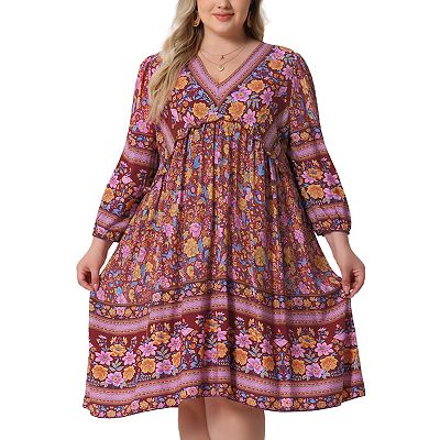 Plus Size Summer Dress for Women Casual Boho Floral V Neck 3/4 Sleeve Mini  Short Beach Dress
