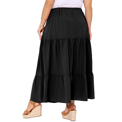 Plus Size Women's Swing Maxi Skirt Elastic High Waist Boho Flowy Casual Aline Long Beach Skirts