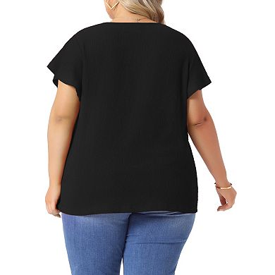 Women's Plus Size Textured Casual Notched V Neck Ruffle Short Sleeve Tops