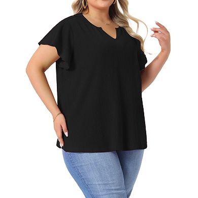 Women's Plus Size Textured Casual Notched V Neck Ruffle Short Sleeve Tops