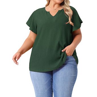 Women's Plus Size Textured Casual Notched V Neck Ruffle Short Sleeve Tops