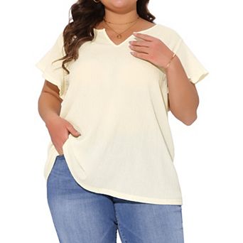 Women's Plus Size Textured Casual Notched V Neck Ruffle Short Sleeve Tops