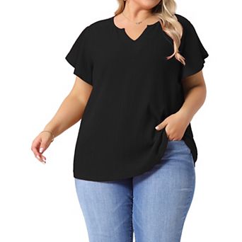Women's Plus Size Textured Casual Notched V Neck Ruffle Short Sleeve Tops