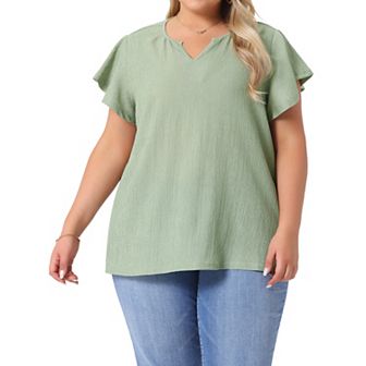 Women's Plus Size Textured Casual Notched V Neck Ruffle Short Sleeve Tops