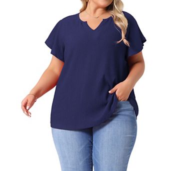 Women's Plus Size Textured Casual Notched V Neck Ruffle Short Sleeve Tops