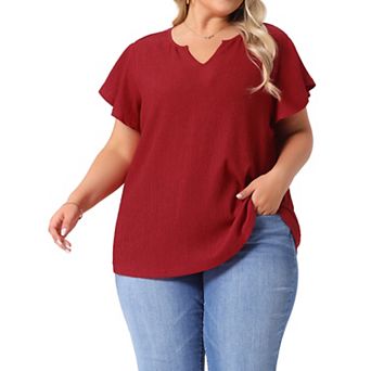 Women's Plus Size Textured Casual Notched V Neck Ruffle Short Sleeve Tops