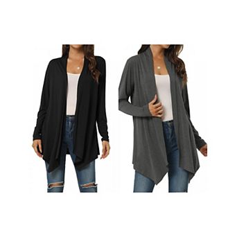 2 Packs Women's Spring Fall Draped Open Front Casual Long Sleeve Lightweight Cardigan