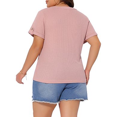 Women's Plus Size Waffle Tunic Tops Loose Short Sleeve Button V Neck Summer Tshirt Casual Blouse