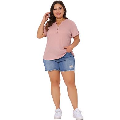Women's Plus Size Waffle Tunic Tops Loose Short Sleeve Button V Neck Summer Tshirt Casual Blouse