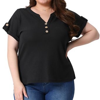 Women's Plus Size Waffle Tunic Tops Loose Short Sleeve Button V Neck Summer Tshirt Casual Blouse