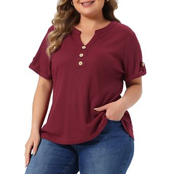 Women's Plus Size Waffle Tunic Tops Loose Short Sleeve Button V Neck Summer Tshirt Casual Blouse