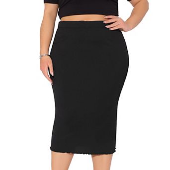 Plus Size Skirts for Women Elastic High Waist Textured Office Pencil Midi Skirt