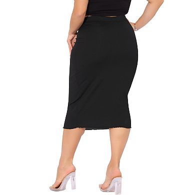Plus Size Skirts for Women Elastic High Waist Textured Office Pencil Midi Skirt