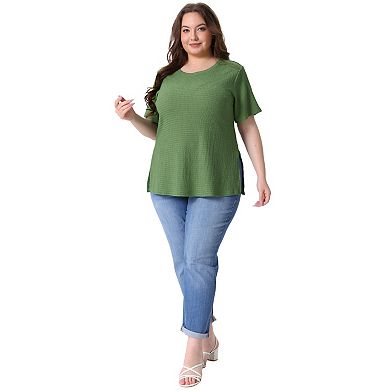 Women's Plus Size Textured Crew Neck Side Split Short Sleeve Tops