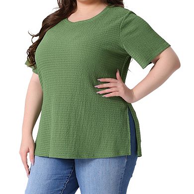 Women's Plus Size Textured Crew Neck Side Split Short Sleeve Tops
