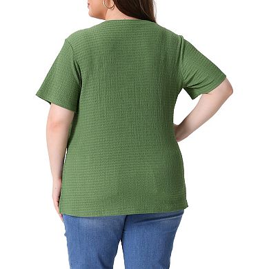 Women's Plus Size Textured Crew Neck Side Split Short Sleeve Tops