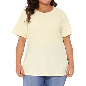 Women's Plus Size Textured Crew Neck Side Split Short Sleeve Tops