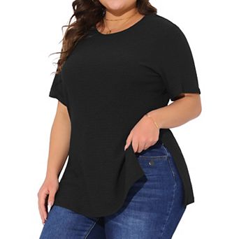 Women's Plus Size Textured Crew Neck Side Split Short Sleeve Tops