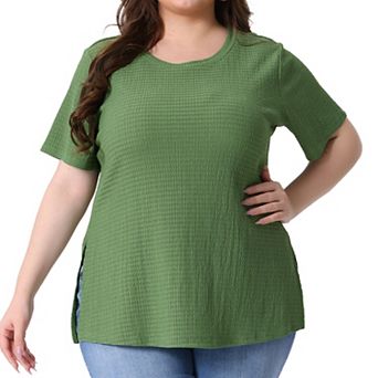 Women's Plus Size Textured Crew Neck Side Split Short Sleeve Tops