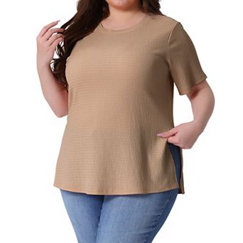Women's Plus Size Textured Crew Neck Side Split Short Sleeve Tops