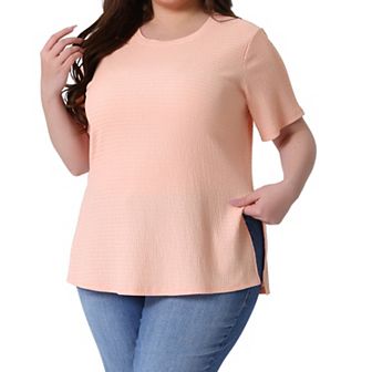 Women's Plus Size Textured Crew Neck Side Split Short Sleeve Tops