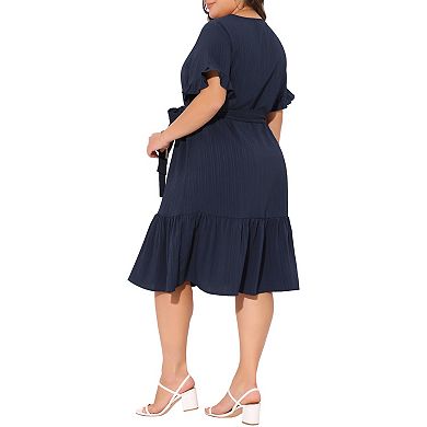 Plus Size for Women V Neck Short Sleeves Button Down Ruffle Hem Beach Dress with Belt