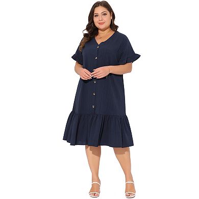 Plus Size for Women V Neck Short Sleeves Button Down Ruffle Hem Beach Dress with Belt