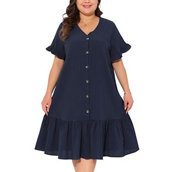 Plus Size for Women V Neck Short Sleeves Button Down Ruffle Hem Beach Dress with Belt