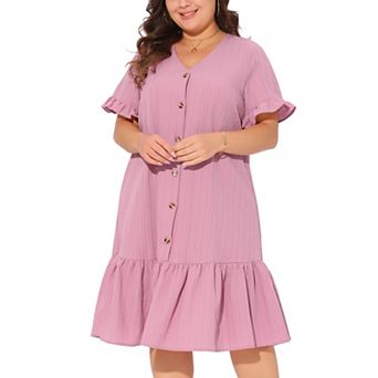 Plus Size for Women V Neck Short Sleeves Button Down Ruffle Hem Beach Dress with Belt