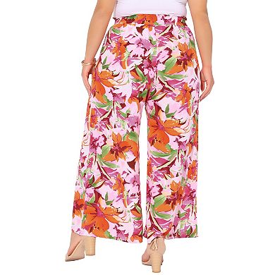 Women's Plus Size Casual Wide Leg Pants Boho Summer Floral Palazzo Pants Flowy Beach Trousers