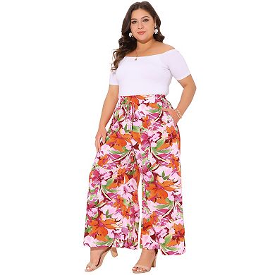 Women's Plus Size Casual Wide Leg Pants Boho Summer Floral Palazzo Pants Flowy Beach Trousers