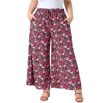 Women's Plus Size Casual Wide Leg Pants Boho Summer Floral Palazzo Pants Flowy Beach Trousers
