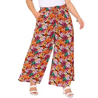 Women's Plus Size Casual Wide Leg Pants Boho Summer Floral Palazzo Pants Flowy Beach Trousers