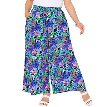 Women's Plus Size Casual Wide Leg Pants Boho Summer Floral Palazzo Pants Flowy Beach Trousers