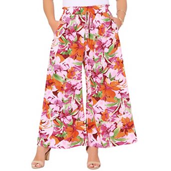 Women's Plus Size Casual Wide Leg Pants Boho Summer Floral Palazzo Pants Flowy Beach Trousers