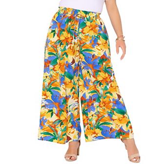 Women's Plus Size Casual Wide Leg Pants Boho Summer Floral Palazzo Pants Flowy Beach Trousers