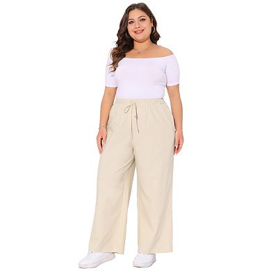Women's Plus Size Drawstring Elastic Waist Palazzo Pants with Pockets