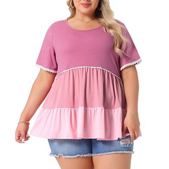 Women's Plus Size Babydoll Ruffle Tops Tiered Chic Short Sleeve Casual Loose Flowy Swing Blouses