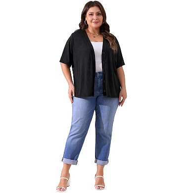 Plus Size Cardigan for Women Button Down Sheer Round Neck Short Sleeve Knitted Sweater