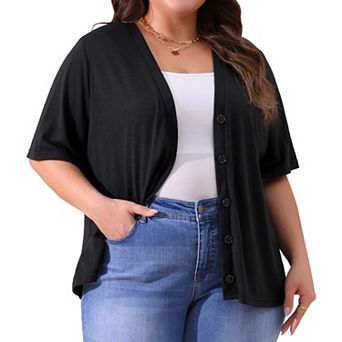 Plus Size Cardigan for Women Button Down Sheer Round Neck Short Sleeve Knitted Sweater