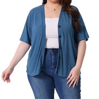 Plus Size Cardigan for Women Button Down Sheer Round Neck Short Sleeve Knitted Sweater