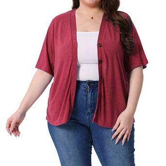 Plus Size Cardigan for Women Button Down Sheer Round Neck Short Sleeve Knitted Sweater