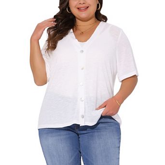 Plus Size Cardigan for Women Button Down Sheer Round Neck Short Sleeve Knitted Sweater