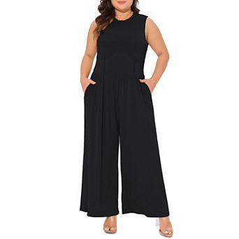 Plus Size Jumpsuit for Women Sleeveless Crew Neck Overalls Dressy Wide Leg with Pocket Rompers