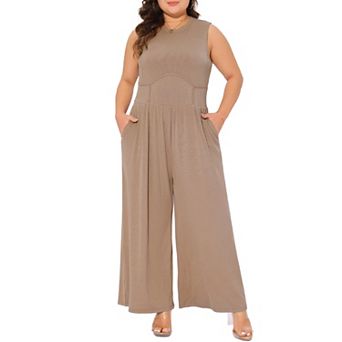Plus Size Jumpsuit for Women Sleeveless Crew Neck Overalls Dressy Wide Leg with Pocket Rompers
