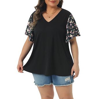 Women's Plus Size t Shirt Tops V Neck Floral Flutter Short Sleeve Summer Blouse Tops Casual
