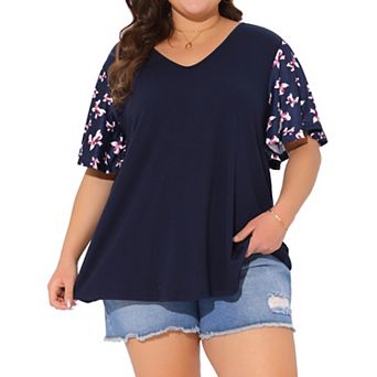 Women's Plus Size t Shirt Tops V Neck Floral Flutter Short Sleeve Summer Blouse Tops Casual